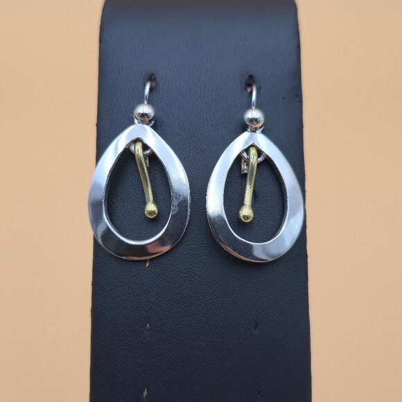 Sterling Silver Oval Heavy Two Tone Solid Dangle Earrings A4590 - Picture 1 of 5